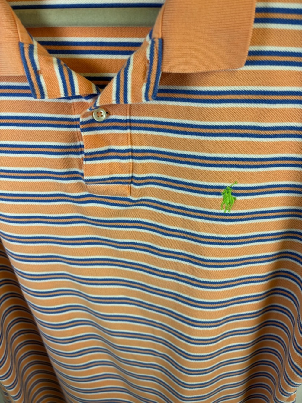 RALPH LAUREN POLO SHIRT  MEN SIZE XL
MELON ORANGE & BLUE STRIPE AS IN UNIV OF FL